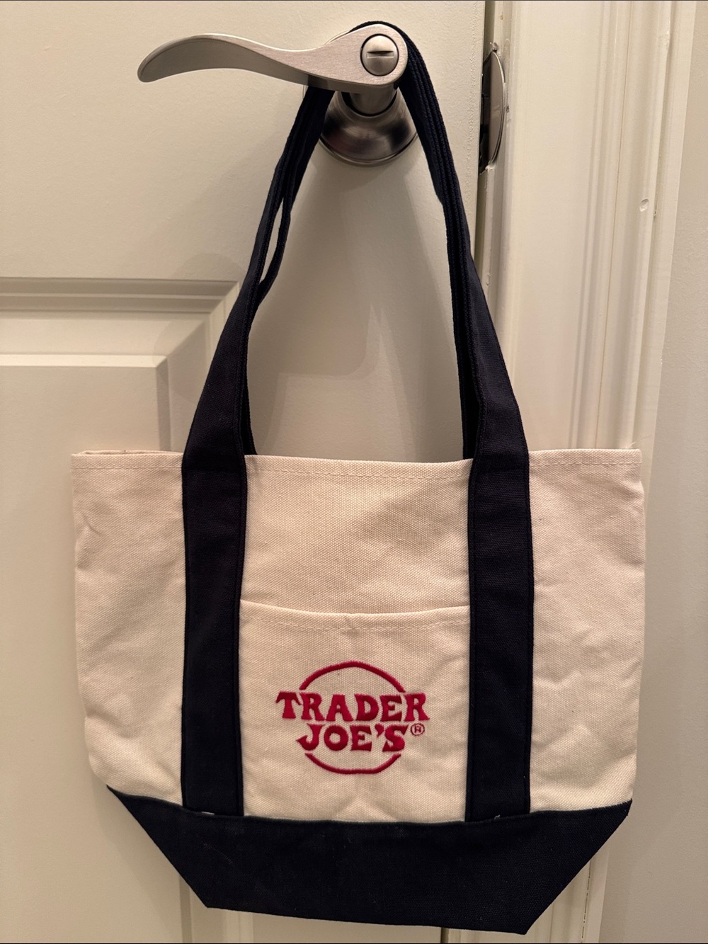Trader Joe’s Mini Canvas Navy Blue & Natural Embroidered Logo Viral MiniTote bag